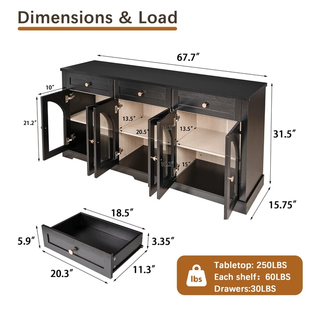 Alt view image 6 of 7 - 68 Inch Sideboard Cabinet with 3 Drawers and Arched Glass Doors, Accent Storage Cabinet with Adjustable Shelves