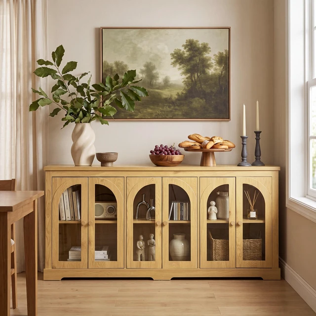 Main image of 68 Inch Arched Glass Sideboard with 6 Doors, Buffet Cabinet with Storage and Adjustable Shelves Large Credenza