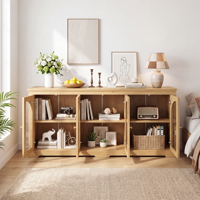 Alt view image 2 of 7 - 68 Inch Arched Glass Sideboard with 6 Doors, Buffet Cabinet with Storage and Adjustable Shelves Large Credenza