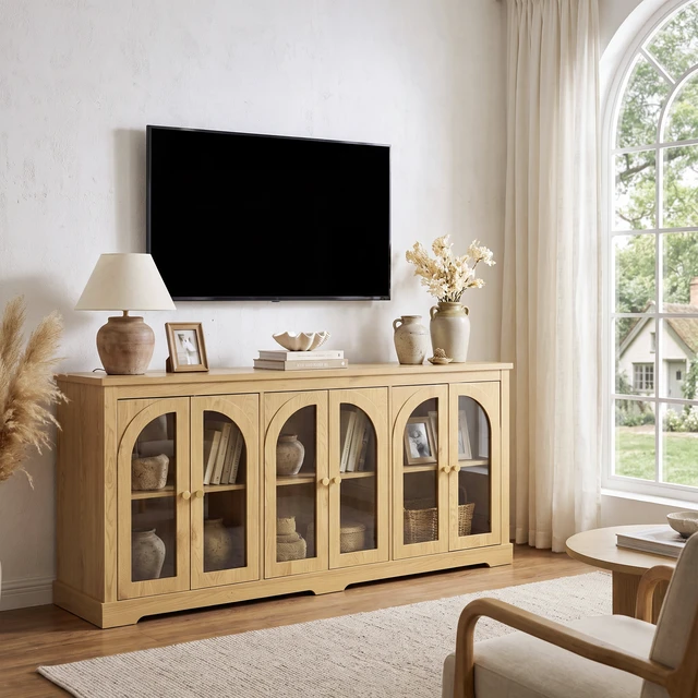 Alt view image 3 of 7 - 68 Inch Arched Glass Sideboard with 6 Doors, Buffet Cabinet with Storage and Adjustable Shelves Large Credenza