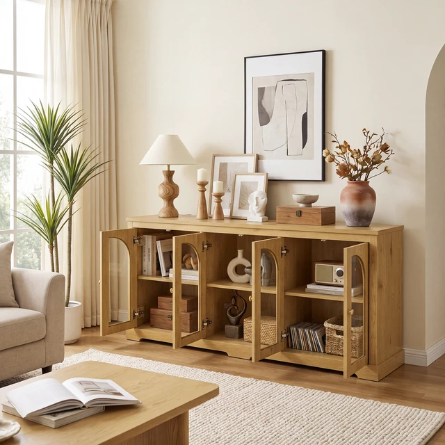 Alt view image 4 of 7 - 68 Inch Arched Glass Sideboard with 6 Doors, Buffet Cabinet with Storage and Adjustable Shelves Large Credenza