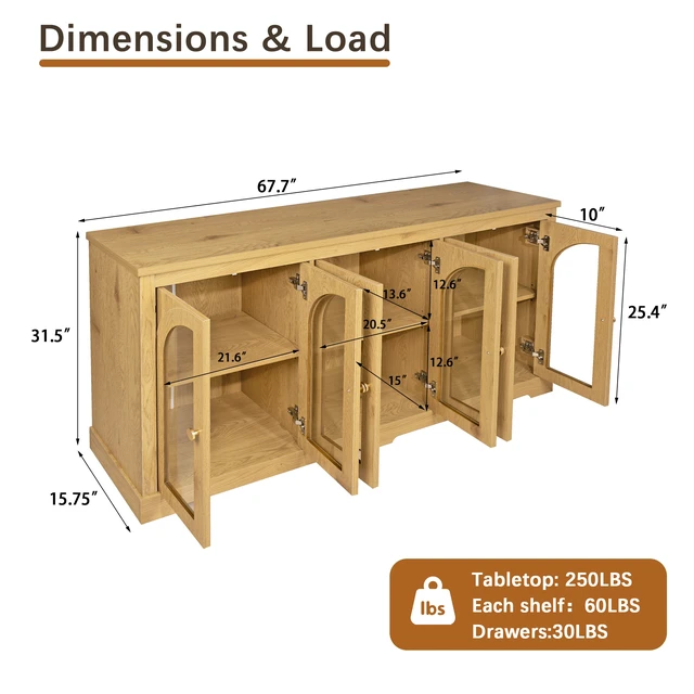Alt view image 6 of 7 - 68 Inch Arched Glass Sideboard with 6 Doors, Buffet Cabinet with Storage and Adjustable Shelves Large Credenza