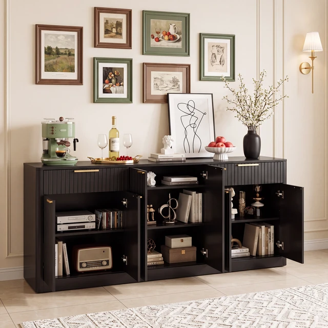 Alt view image 2 of 6 - 67 Inch Large Fluted Buffet Sideboard, Wine Bar Storage Cabinet with 6 Doors and 2 Drawers Coffee Bar Credenza