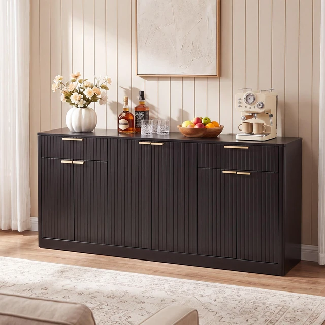 Main image of 67 Inch Large Fluted Buffet Sideboard, Wine Bar Storage Cabinet with 6 Doors and 2 Drawers Coffee Bar Credenza