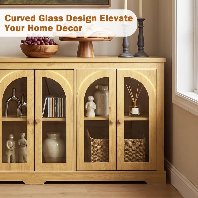 Alt view image 7 of 7 - 68 Inch Arched Glass Sideboard with 6 Doors, Buffet Cabinet with Storage and Adjustable Shelves Large Credenza
