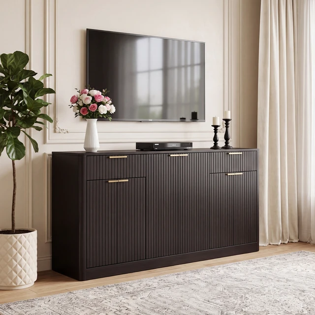 Alt view image 5 of 6 - 67 Inch Large Fluted Buffet Sideboard, Wine Bar Storage Cabinet with 6 Doors and 2 Drawers Coffee Bar Credenza