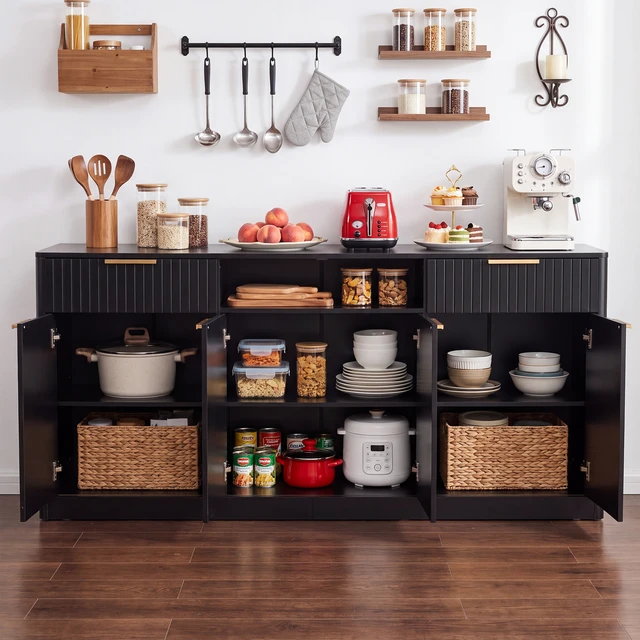 Alt view image 3 of 6 - 67 Inch Large Fluted Buffet Sideboard, Wine Bar Storage Cabinet with 6 Doors and 2 Drawers Coffee Bar Credenza
