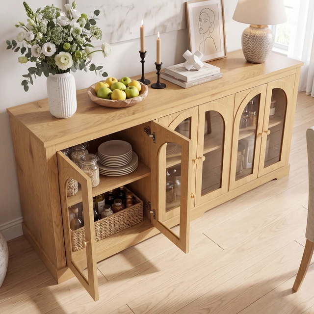 Alt view image 5 of 7 - 68 Inch Arched Glass Sideboard with 6 Doors, Buffet Cabinet with Storage and Adjustable Shelves Large Credenza