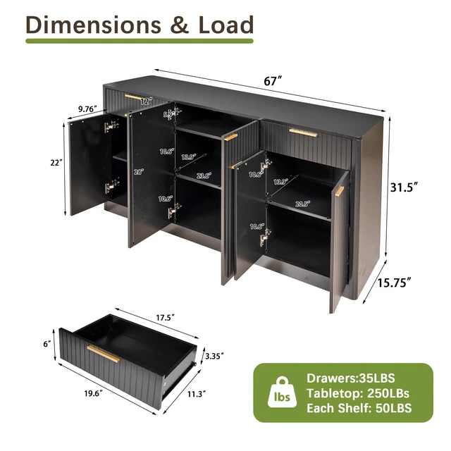 Alt view image 6 of 6 - 67 Inch Large Fluted Buffet Sideboard, Wine Bar Storage Cabinet with 6 Doors and 2 Drawers Coffee Bar Credenza