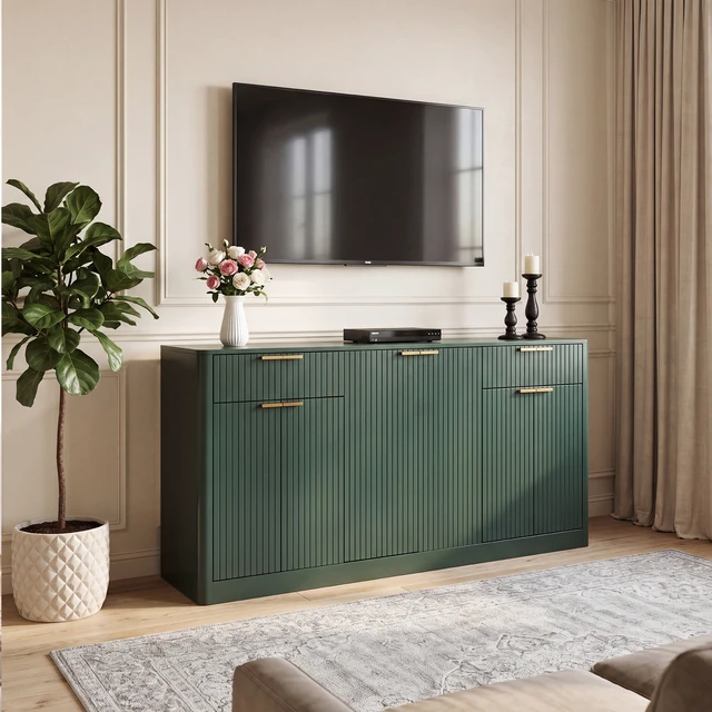 Alt view image 2 of 6 - 67 Inch Fluted Buffet Sideboard, Storage Cabinet with 6 Doors and 2 Drawers Large Credenza for Dining Living Entryway