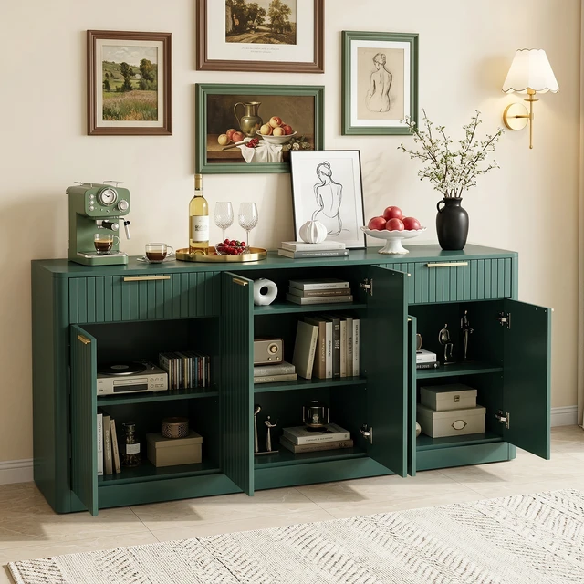 Alt view image 3 of 6 - 67 Inch Fluted Buffet Sideboard, Storage Cabinet with 6 Doors and 2 Drawers Large Credenza for Dining Living Entryway