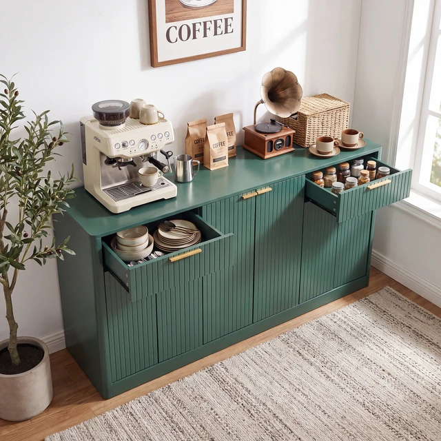 Alt view image 4 of 6 - 67 Inch Fluted Buffet Sideboard, Storage Cabinet with 6 Doors and 2 Drawers Large Credenza for Dining Living Entryway