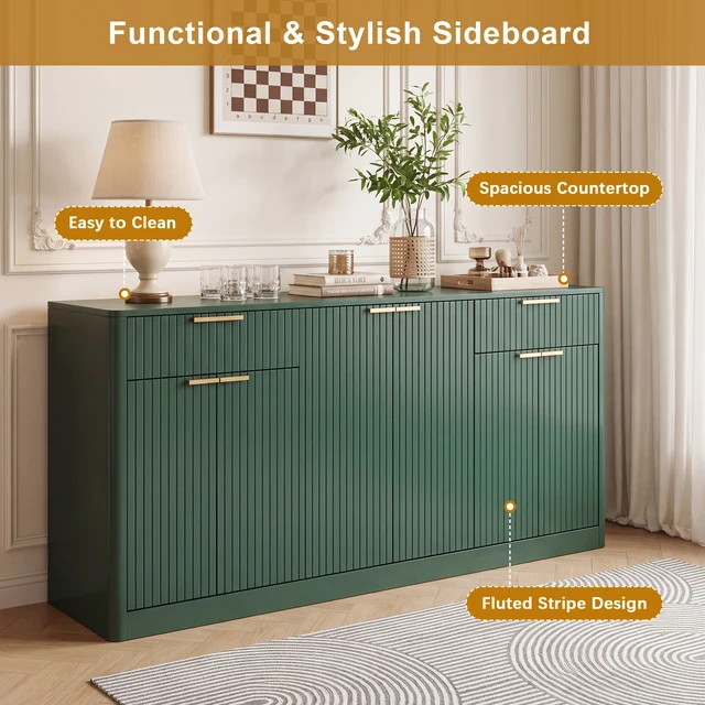 Alt view image 6 of 6 - 67 Inch Fluted Buffet Sideboard, Storage Cabinet with 6 Doors and 2 Drawers Large Credenza for Dining Living Entryway