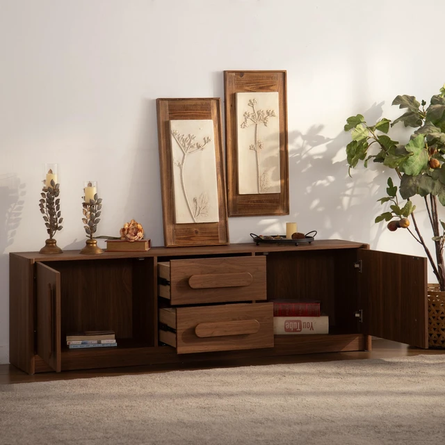 Alt view image 3 of 7 - MDF Buffet Sideboard Cabinet, 63 Inch 2 Doors 2 Drawers Storage Credenza with Silent Slide Drawers and Soft Close Doors