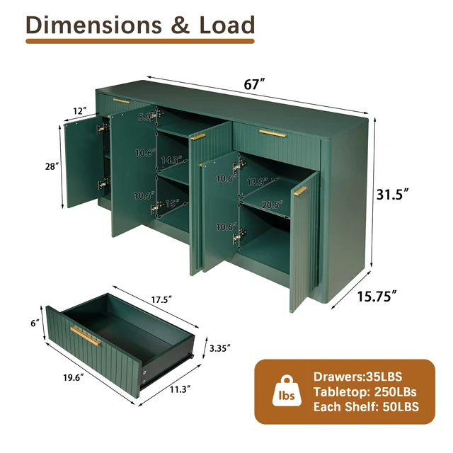Alt view image 5 of 6 - 67 Inch Fluted Buffet Sideboard, Storage Cabinet with 6 Doors and 2 Drawers Large Credenza for Dining Living Entryway