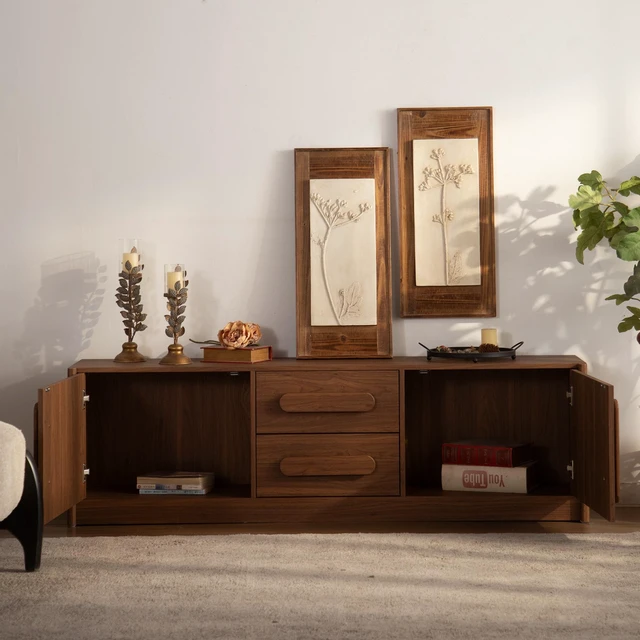 Alt view image 7 of 7 - MDF Buffet Sideboard Cabinet, 63 Inch 2 Doors 2 Drawers Storage Credenza with Silent Slide Drawers and Soft Close Doors