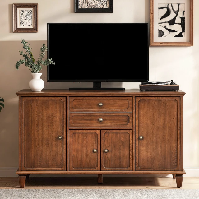 Alt view image 3 of 7 - Sideboard Buffet Cabinet with 4 Doors and 2 Drawers, Wooden Credenza with Adjustable Shelves Functional Storage Console