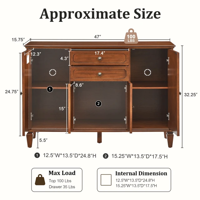Alt view image 6 of 7 - Sideboard Buffet Cabinet with 4 Doors and 2 Drawers, Wooden Credenza with Adjustable Shelves Functional Storage Console