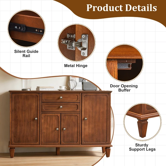 Alt view image 4 of 7 - Sideboard Buffet Cabinet with 4 Doors and 2 Drawers, Wooden Credenza with Adjustable Shelves Functional Storage Console