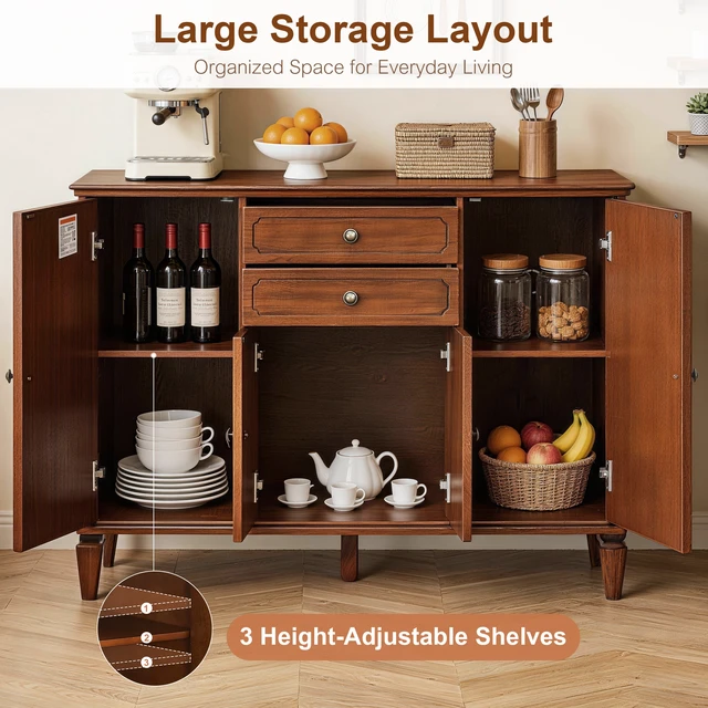 Alt view image 5 of 7 - Sideboard Buffet Cabinet with 4 Doors and 2 Drawers, Wooden Credenza with Adjustable Shelves Functional Storage Console