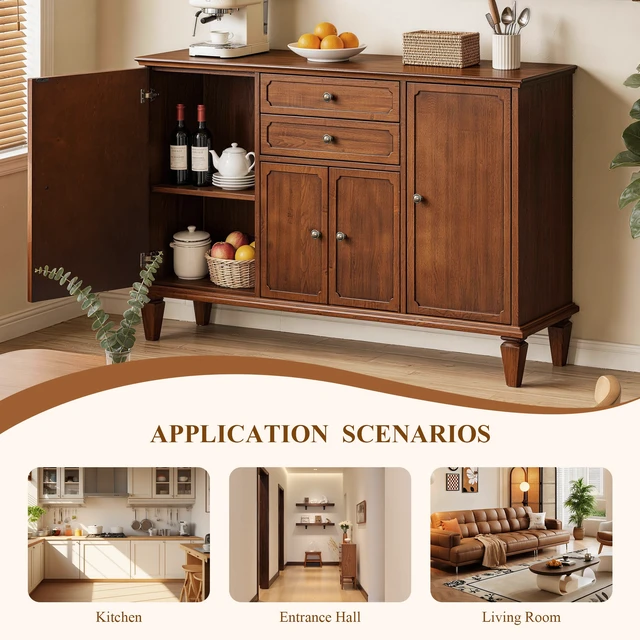 Alt view image 2 of 7 - Sideboard Buffet Cabinet with 4 Doors and 2 Drawers, Wooden Credenza with Adjustable Shelves Functional Storage Console