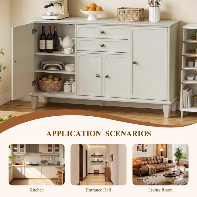 Alt view image 3 of 7 - Sideboard Buffet Cabinet with Drawers and Storage Cabinets, Wooden Console with Adjustable Shelves for Kitchen Living