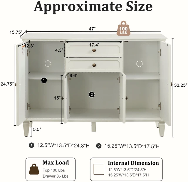 Alt view image 6 of 7 - Sideboard Buffet Cabinet with Drawers and Storage Cabinets, Wooden Console with Adjustable Shelves for Kitchen Living