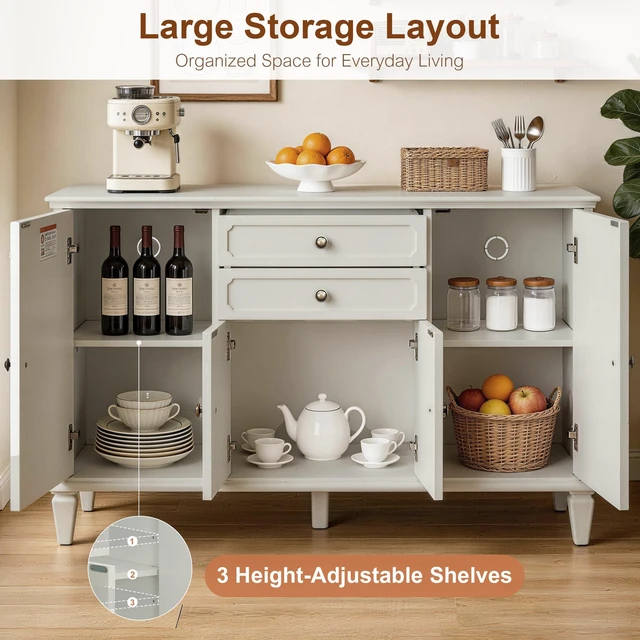 Alt view image 4 of 7 - Sideboard Buffet Cabinet with Drawers and Storage Cabinets, Wooden Console with Adjustable Shelves for Kitchen Living
