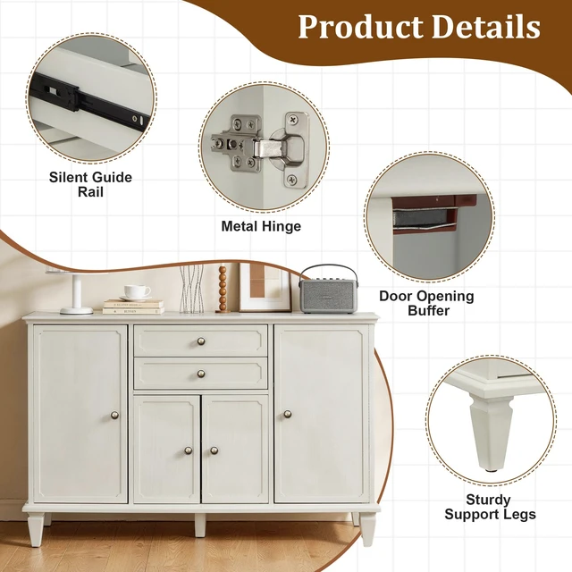 Alt view image 5 of 7 - Sideboard Buffet Cabinet with Drawers and Storage Cabinets, Wooden Console with Adjustable Shelves for Kitchen Living