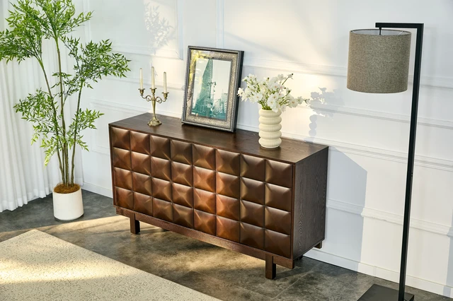 Main image of 60 Inch Sideboard with Textured Doors and Push To-Open Storage, Walnut, MDF, Servers Sideboards Buffets
