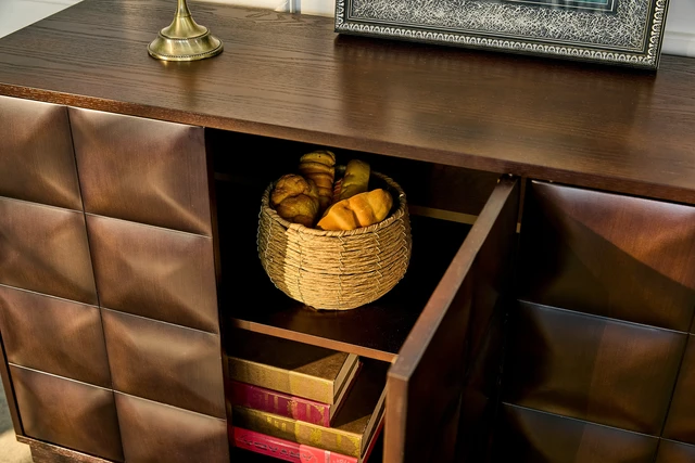 Alt view image 2 of 3 - 60 Inch Sideboard with Textured Doors and Push To-Open Storage, Walnut, MDF, Servers Sideboards Buffets