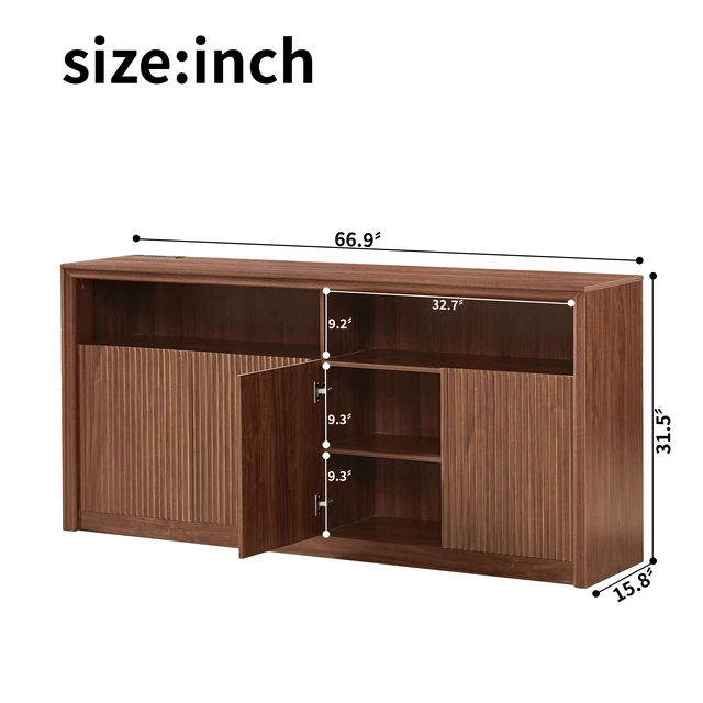 Alt view image 4 of 7 - 67 Inch Wooden Sideboard Buffet Cabinet with LED Strip and Power Outlets, 4 Compartment Storage Coffee Bar Cabinet