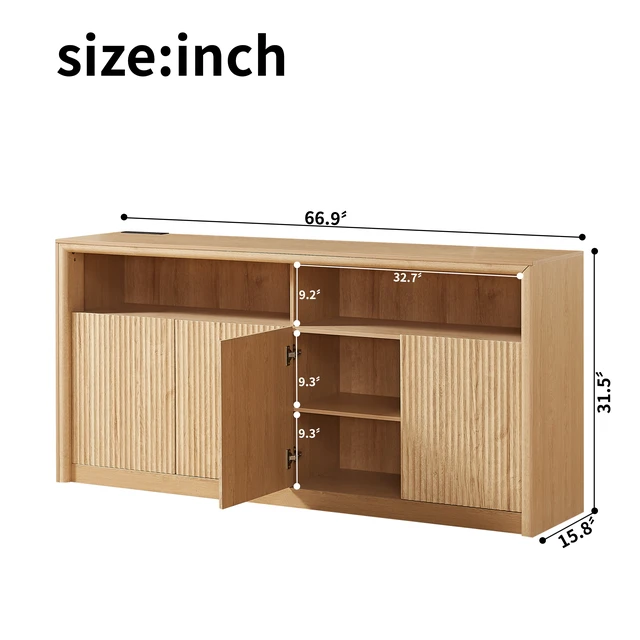 Alt view image 4 of 7 - 67 Inch Wooden Sideboard Buffet Cabinet with LED Strip and Power Outlets, 4 Compartment Storage Coffee Bar Cabinet