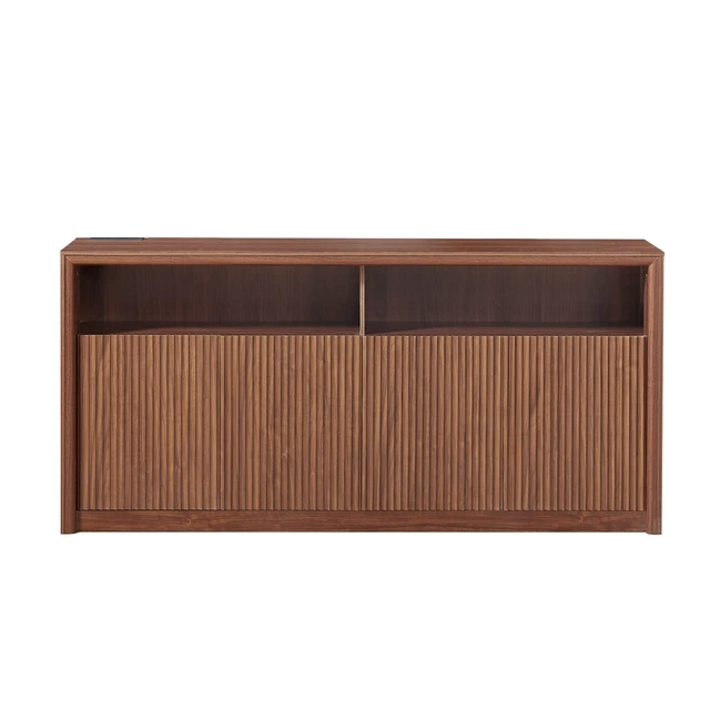 Alt view image 2 of 7 - 67 Inch Wooden Sideboard Buffet Cabinet with LED Strip and Power Outlets, 4 Compartment Storage Coffee Bar Cabinet