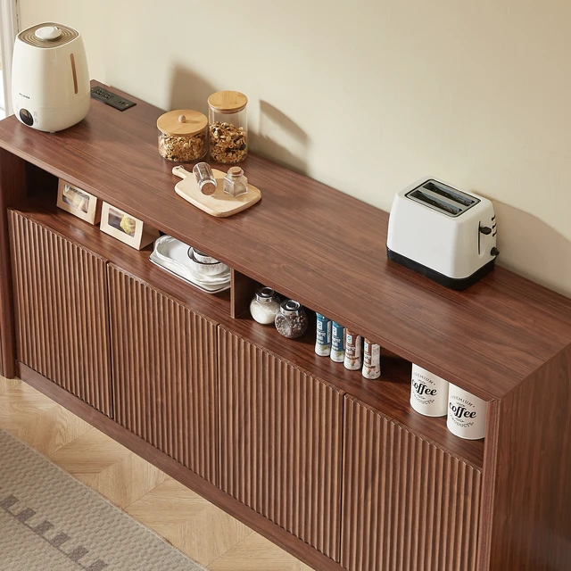Alt view image 6 of 7 - 67 Inch Wooden Sideboard Buffet Cabinet with LED Strip and Power Outlets, 4 Compartment Storage Coffee Bar Cabinet