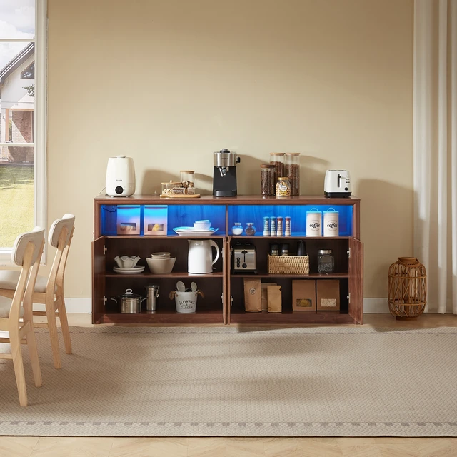 Alt view image 7 of 7 - 67 Inch Wooden Sideboard Buffet Cabinet with LED Strip and Power Outlets, 4 Compartment Storage Coffee Bar Cabinet