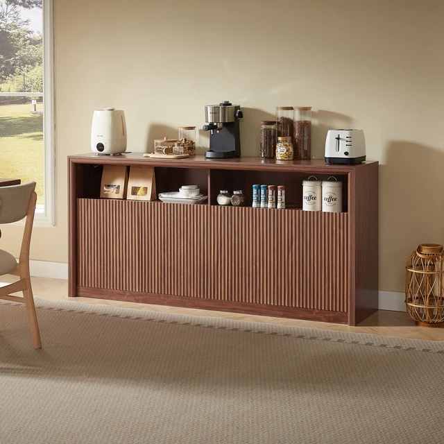 Alt view image 5 of 7 - 67 Inch Wooden Sideboard Buffet Cabinet with LED Strip and Power Outlets, 4 Compartment Storage Coffee Bar Cabinet