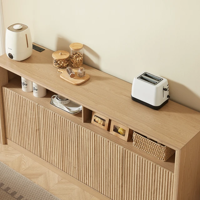 Alt view image 6 of 7 - 67 Inch Wooden Sideboard Buffet Cabinet with LED Strip and Power Outlets, 4 Compartment Storage Coffee Bar Cabinet