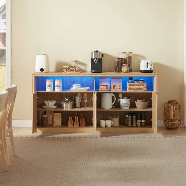 Alt view image 7 of 7 - 67 Inch Wooden Sideboard Buffet Cabinet with LED Strip and Power Outlets, 4 Compartment Storage Coffee Bar Cabinet