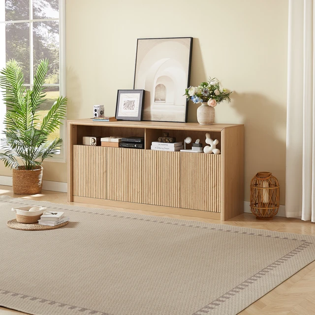 Alt view image 5 of 7 - 67 Inch Wooden Sideboard Buffet Cabinet with LED Strip and Power Outlets, 4 Compartment Storage Coffee Bar Cabinet