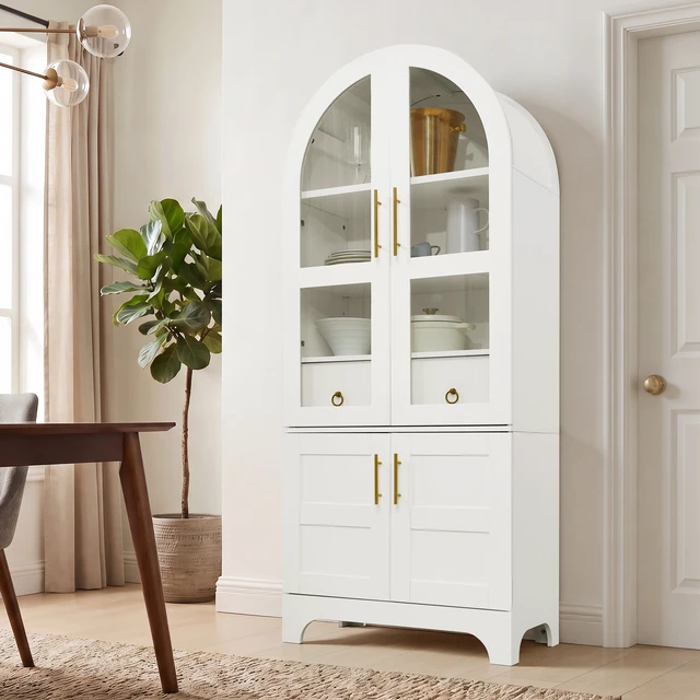 Alt view image 2 of 7 - 77 Inch High Arched Kitchen Cabinet with Door Panels and Shelves, Hidden Drawers and Glass Doors with Side Spice Rack