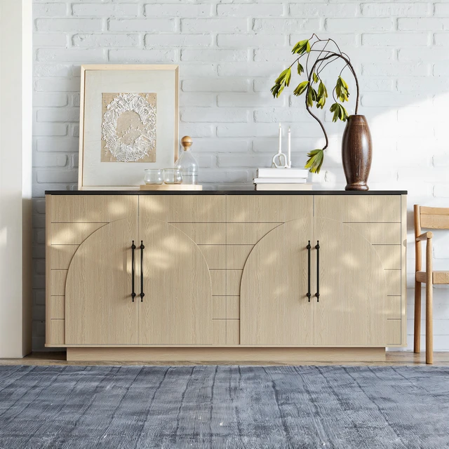Main image of 67 Inch Sideboard Buffet Cabinet, 4 Door Storage Cabinet with Arched Geometric Doors and Black Top Large Credenza TV