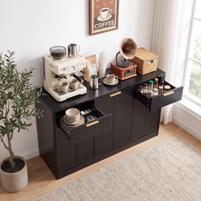 Alt view image 4 of 6 - 67 Inch Large Fluted Buffet Sideboard, Wine Bar Storage Cabinet with 6 Doors and 2 Drawers Coffee Bar Credenza
