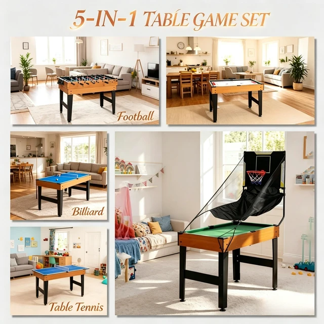 Alt view image 2 of 7 - Game Table, 53 Inch Combo Game Table Featuring Foosball Pool Ping Pong Air Hockey and Basketball Sports Set for Black