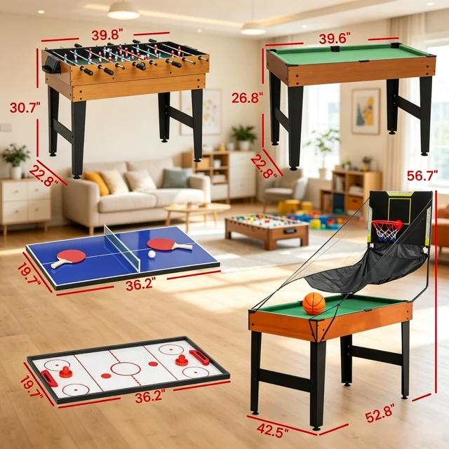 Alt view image 5 of 7 - Game Table, 53 Inch Combo Game Table Featuring Foosball Pool Ping Pong Air Hockey and Basketball Sports Set for Black
