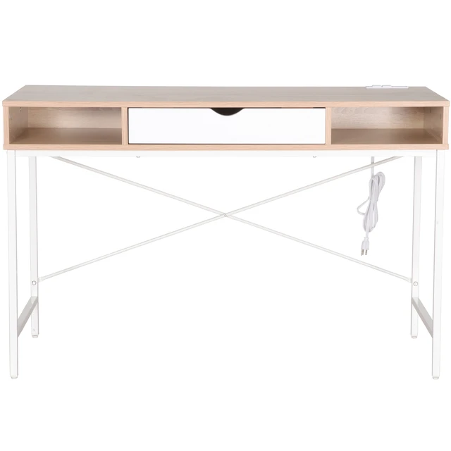 Alt view image 3 of 5 - Writing Desk with Power Outlet, Large Computer Desk Laptop Workstation with Drawer USB Ports Charging Station, White