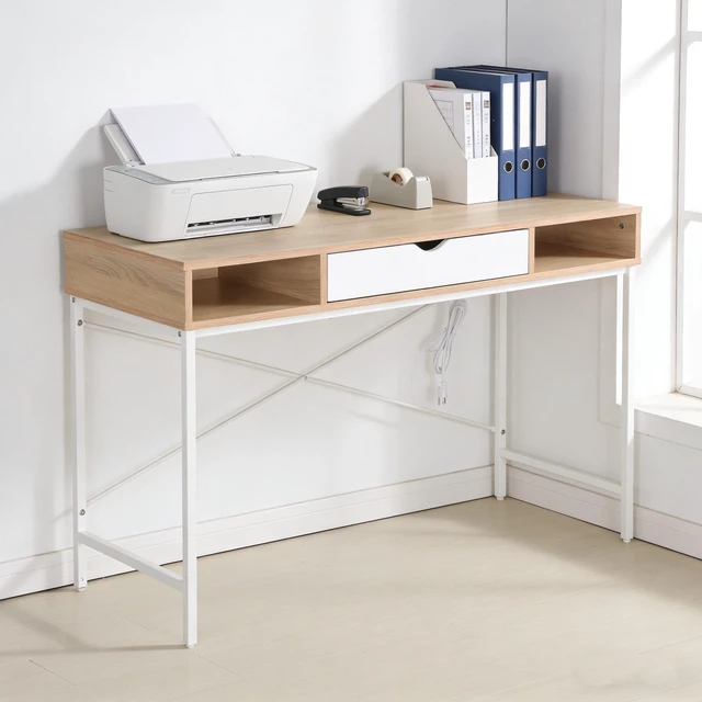 Main image of Writing Desk with Power Outlet, Large Computer Desk Laptop Workstation with Drawer USB Ports Charging Station, White