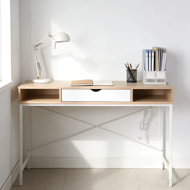 Alt view image 2 of 5 - Writing Desk with Power Outlet, Large Computer Desk Laptop Workstation with Drawer USB Ports Charging Station, White