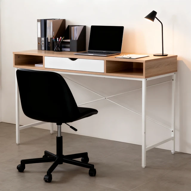 Alt view image 4 of 5 - Writing Desk with Power Outlet, Large Computer Desk Laptop Workstation with Drawer USB Ports Charging Station, White