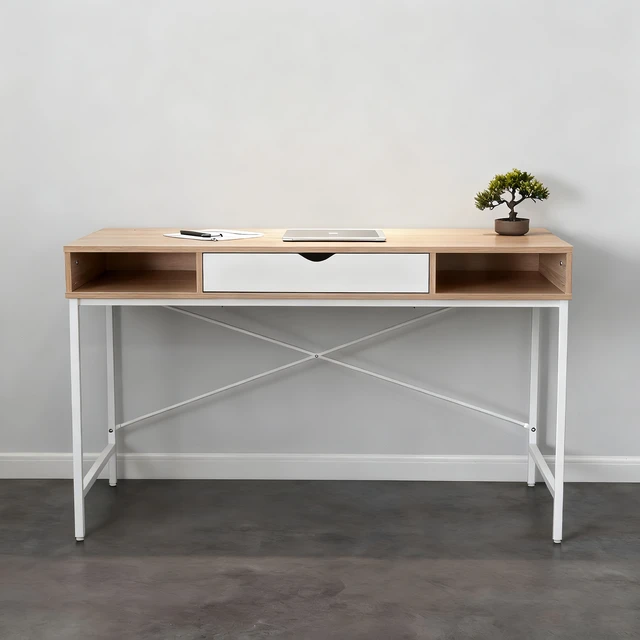 Alt view image 5 of 5 - Writing Desk with Power Outlet, Large Computer Desk Laptop Workstation with Drawer USB Ports Charging Station, White